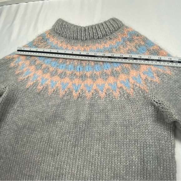NEW Handmade Fair Isle Chunky Knit Sweater Grey Peach Light Blue Crew Neck Med - Picture 3 of 10